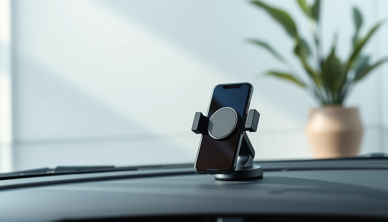 Magnetic phone holder on car dashboard